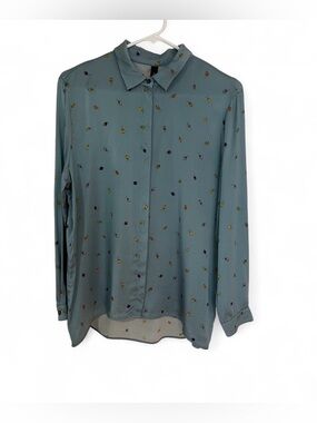 Marc Cain Teal Silk Button Down Shirt with Multicolor Ladybug Print